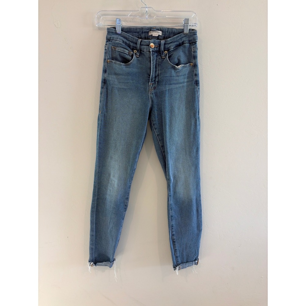 Good American Good Waist Skinny Jeans Blue Raw Hem High Rise GL941T Size 4/27